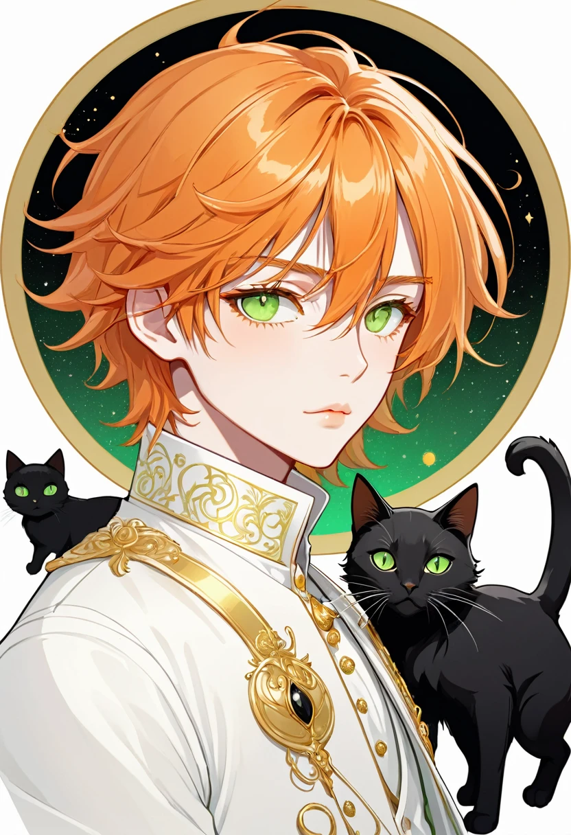 Masterpiece, ultra-detailed, Anime boy, pouty lips, long layered orange hair, light green eyes, white clothes, white prince outfit, one black cat in circle, simple yet elegant design, white background with gold border, vectorised and silhouetted, full-HD and 8K professional sticker design, intricately detailed drawing with flat vector lines.