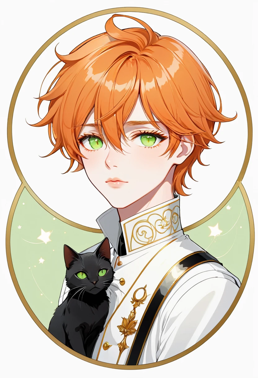 Masterpiece, ultra-detailed, Anime boy, pouty lips, long layered orange hair, light green eyes, white clothes, white prince outfit, one black cat in circle, simple yet elegant design, white background with gold border, vectorised and silhouetted, full-HD and 8K professional sticker design, intricately detailed drawing with flat vector lines.