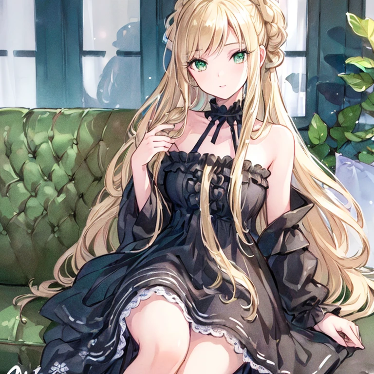 (best quality,ultra-detailed,photorealistic:1.37)alone,adult girl,A girl in a black and white dress,Long flowing blondes hair tied up,green eye,Off-shoulder,long hair,long eyelashes,sparkling dress texture,detailed lips,flowers in the background,soft lighting,stunning makeup,graceful pose,vivid colors