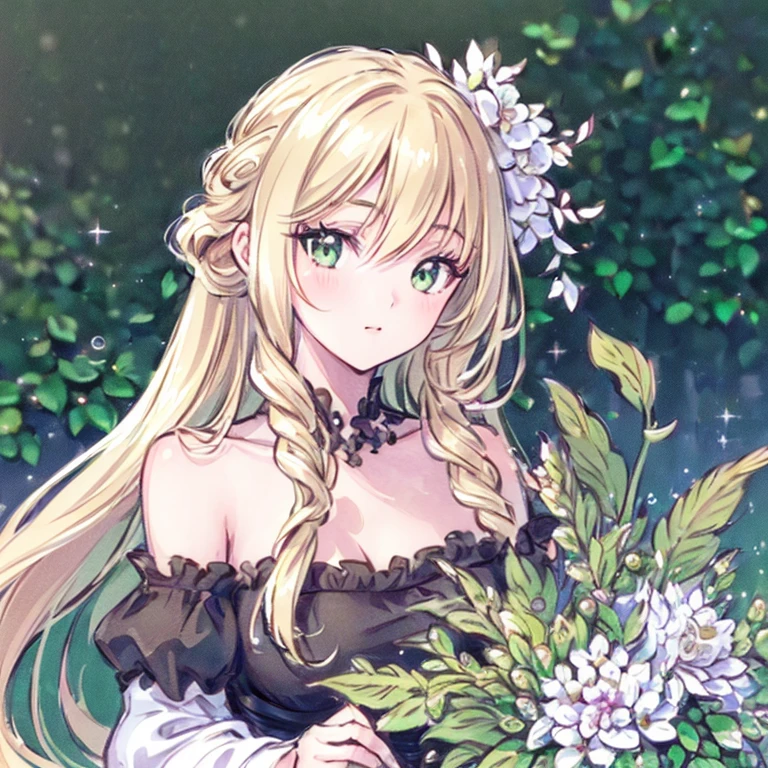 (best quality,ultra-detailed,photorealistic:1.37)alone,adult girl,A girl in a black and white dress,Long flowing blondes hair tied up,green eye,Off-shoulder,long hair,long eyelashes,sparkling dress texture,detailed lips,flowers in the background,soft lighting,stunning makeup,graceful pose,vivid colors