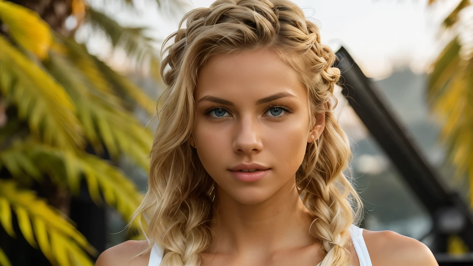 A captivating blonde with dutch braids and dark theme, attractive, sporty:
In the midst of the serene stillness, a blonde beauty with dutch braids catches your gaze. Her allure radiates an irresistible charm, as her striking blue eyes lock into yours with an inviting, playful spark. The sun-kissed strands of her blonde hair cascade down her shoulders, framing her face, while her athletic build reveals the toned physique of a dedicated sports enthusiast. A natural, untouched beauty graces this scene, her radiant complexion glowing with a youthful energy and flawless pores that testify