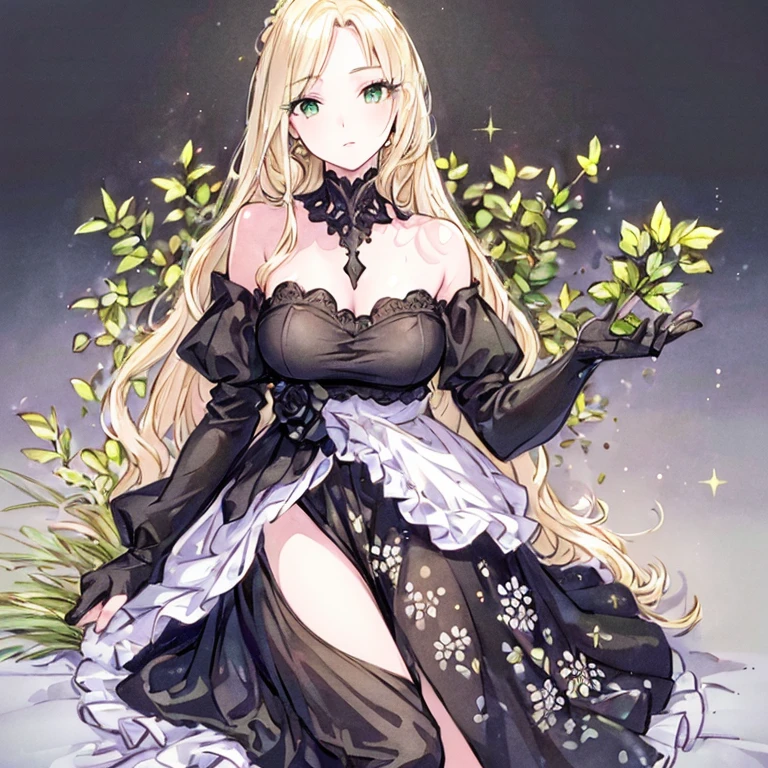 (best quality,ultra-detailed,photorealistic:1.37)alone,adult girl,A girl in a black and white dress,Long flowing blondes hair tied up,green eye,Off-shoulder,long hair,long eyelashes,sparkling dress texture,detailed lips,flowers in the background,soft lighting,stunning makeup,graceful pose,vivid colors