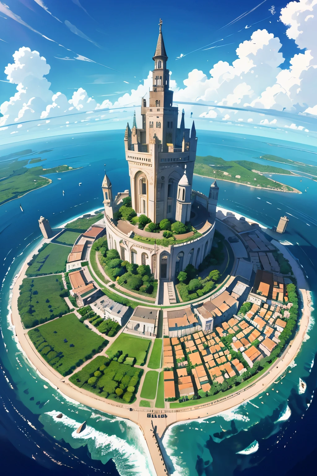 (((Best quality))), A breathtaking aerial view showcases the entire island, capturing its majestic beauty. The island is adorned with three distinct cities, each with its own unique characteristics. The first city, crafted from sturdy iron, stands tall and proud, showcasing its industrial might. The second city is nestled amidst vast plains, where cattle graze peacefully, creating a picturesque landscape. The final city is a vibrant oasis, emanating a magical aura that fills the air with enchantment. The map encapsulates the island's diverse charm, from the robust iron structures to the serene pastoral scenes, and the vibrant colors that paint the magical city. The attention to detail is impeccable, with every nook and cranny meticulously rendered in high resolution. The use of HDR enhances