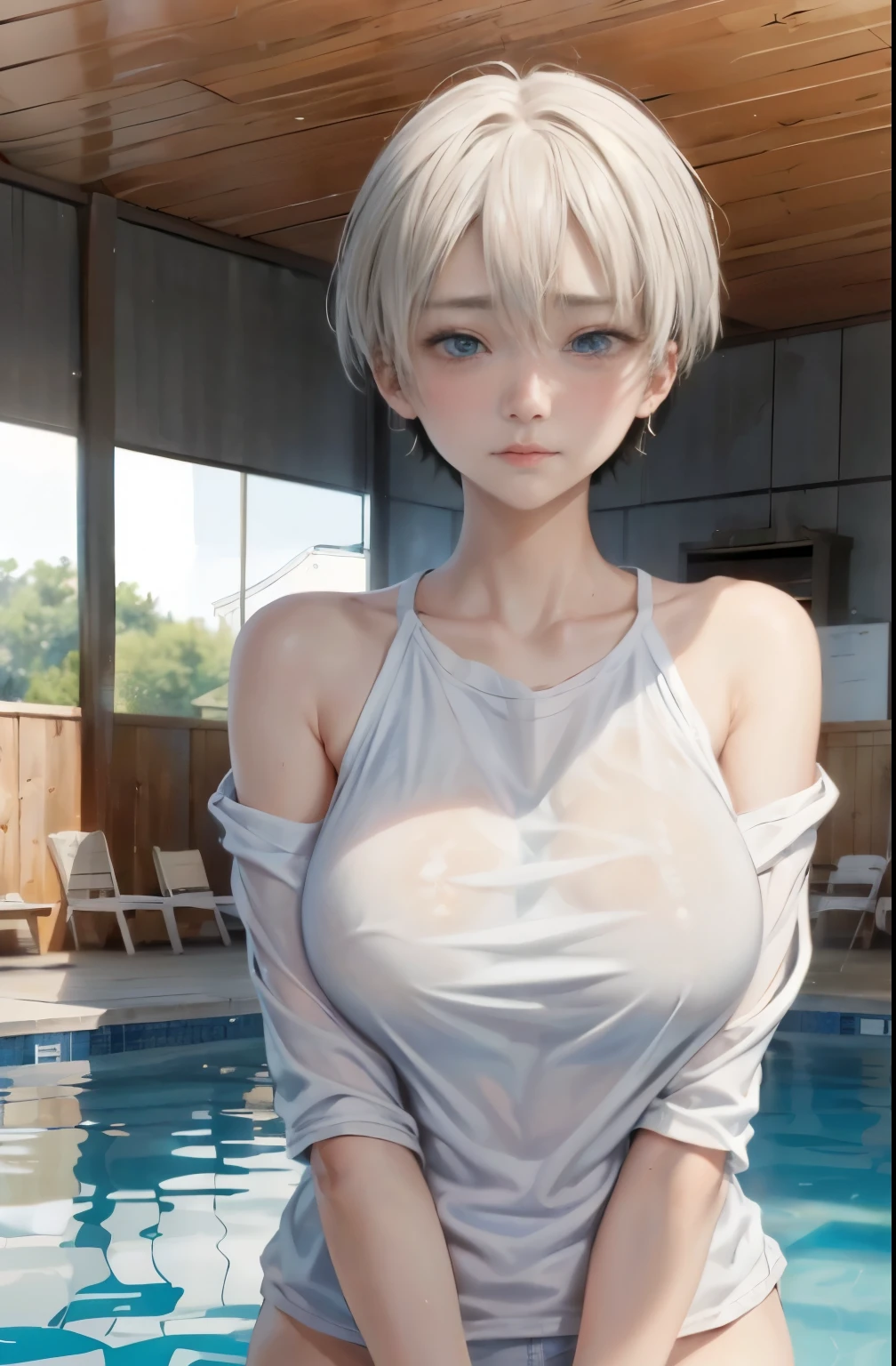 masterpiece、highest quality、be familiar with、1 female、18-year-old、Transparent blue eyes、blonde、black skin、((embarrassed face、blush、Watery eye、full of embarrassment、oil skin、shiny skin)), short hair、Seductive thighs、big breasts、big breasts cleavage、((Shoulders are sticking out、My clothes were loose and my shoulders were exposed.、Oversized plain white T-shirt、pool)), ((full shot, Vulgarity))