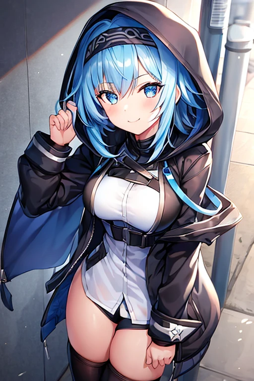 1girl, hood, jacket, hooded jacket, eula /(genshin impact/), black headband, headband, blue hair, large breasts, black jacket, white shirt, shirt, very short hair, pants, black pants, smile, urban, street,