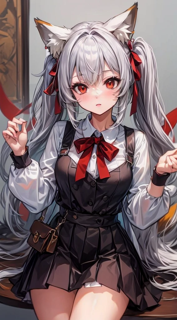 A neko woman with grey hair in a virtual YouTuber style is the centerpiece of this artwork. Her hairstyle features long hair with twintails and bangs, with a section of hair falling between her eyes. She has adorable animal ears, specifically fox ears, which are fluffy. Her piercing red eyes and fox tail add to her captivating appearance.

For the clothing, she wears a white shirt with long sleeves that extend past her wrists. The shirt is adorned with a beautiful red bow, which complements her hair bow. The skirt she wears is a stylish black pleated skirt, adding a touch of elegance to her overall look.

The artwork is of the highest quality, with a "masterpiece" level of detail. It is created with the best quality materials, ensuring a high-resolution, high-quality image. The details are ultra-detailed and realistic, showcasing professional craftsmanship. The lighting in the artwork enhances the overall atmosphere and highlights the intricate details.

The art style chosen for this prompt is a perfect blend of anime and concept artists, capturing the charm and aesthetics of both genres. The colors used in the artwork are vivid and vibrant, creating a visually appealing composition.

In summary, this Stable Diffusion prompt generates a high-quality, ultra-detailed image of a neko woman in a virtual YouTuber style. It focuses on her unique features, clothing, and offers a captivating art style with vivid colors and professional craftsmanship. The prompt is designed to produce an exquisite masterpiece that will delight art enthusiasts and fans of neko characters.💗🥵💗