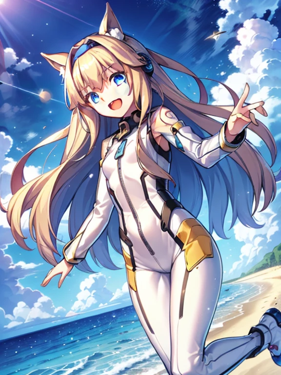 ((masterpiece))、highest quality、(Whole body wide angle)、Neo Universe(Umamusume)、1 girl, Neo Universe(Umamusume)、alone, chest, looking at the viewer, blush, smile, long hair, bangs, large chest, blonde long hair, long sleeve, blue eyes, headphone,beret,:d, body suit, bSpace, white body suit, blue sky,Ocean,summer,Wind:1.3,, Space Suit Break