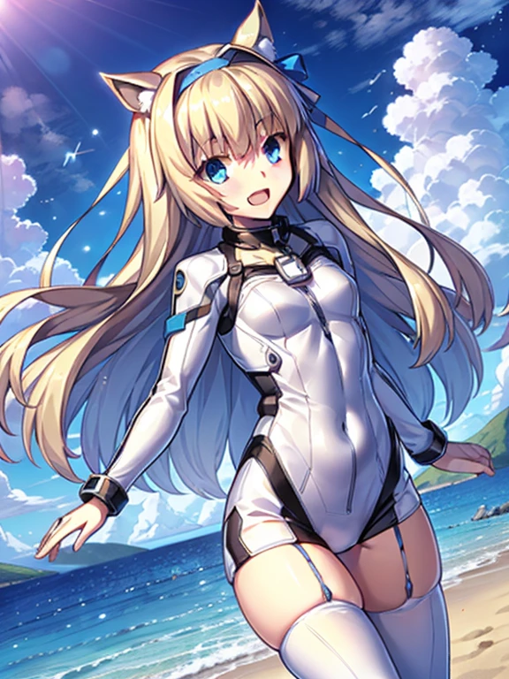 ((masterpiece))、highest quality、(Whole body wide angle)、Neo Universe(Umamusume)、1 girl, Neo Universe(Umamusume)、alone, chest, looking at the viewer, blush, smile, long hair, bangs, large chest, blonde long hair, long sleeve, blue eyes, headphone,beret,:d, body suit, bSpace, white body suit, blue sky,Ocean,summer,Wind:1.3,, Space Suit Break