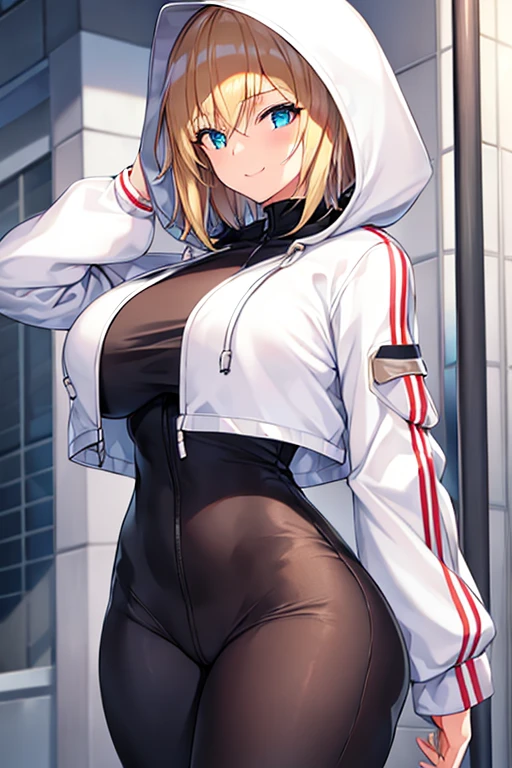 1girl, hood, jacket, hooded jacket, hood on, hood up, blonde hair, large breasts, breasts, wide hips, thick thighs, hourglass figure, white jacket, black shirt, shirt, very short hair, pants, black pants, smile, toned, toned female, urban, mature female, tall, tall female, arm down, hands down, arms down, hand down, cropped jacket, ((cropped jacket))