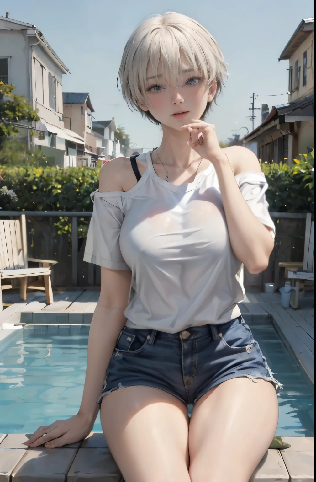 masterpiece、highest quality、be familiar with、1 female、18-year-old、Transparent blue eyes、blonde、black skin、((embarrassed face、blush、Watery eye、full of embarrassment、oil skin、shiny skin)), short hair、Seductive thighs、big breasts、big breasts cleavage、((Shoulders are sticking out、My clothes were loose and my shoulders were exposed.、Oversized plain white T-shirt、pool)), ((full shot, Vulgarity))