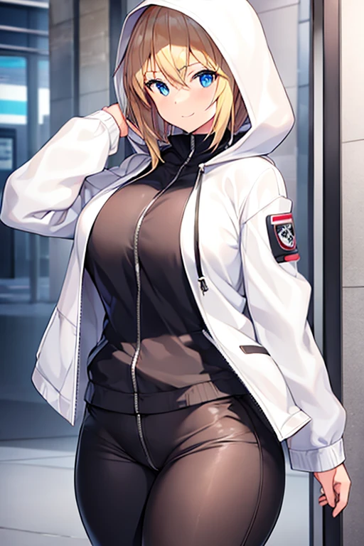 1girl, hood, jacket, hooded jacket, hood on, hood up, blonde hair, large breasts, breasts, wide hips, thick thighs, hourglass figure, white jacket, black shirt, shirt, very short hair, pants, black pants, smile, toned, toned female, urban, mature female, tall, tall female, arm down, hands down, arms down, hand down, cropped jacket, ((cropped jacket)), 2d, anime style, anime screencap