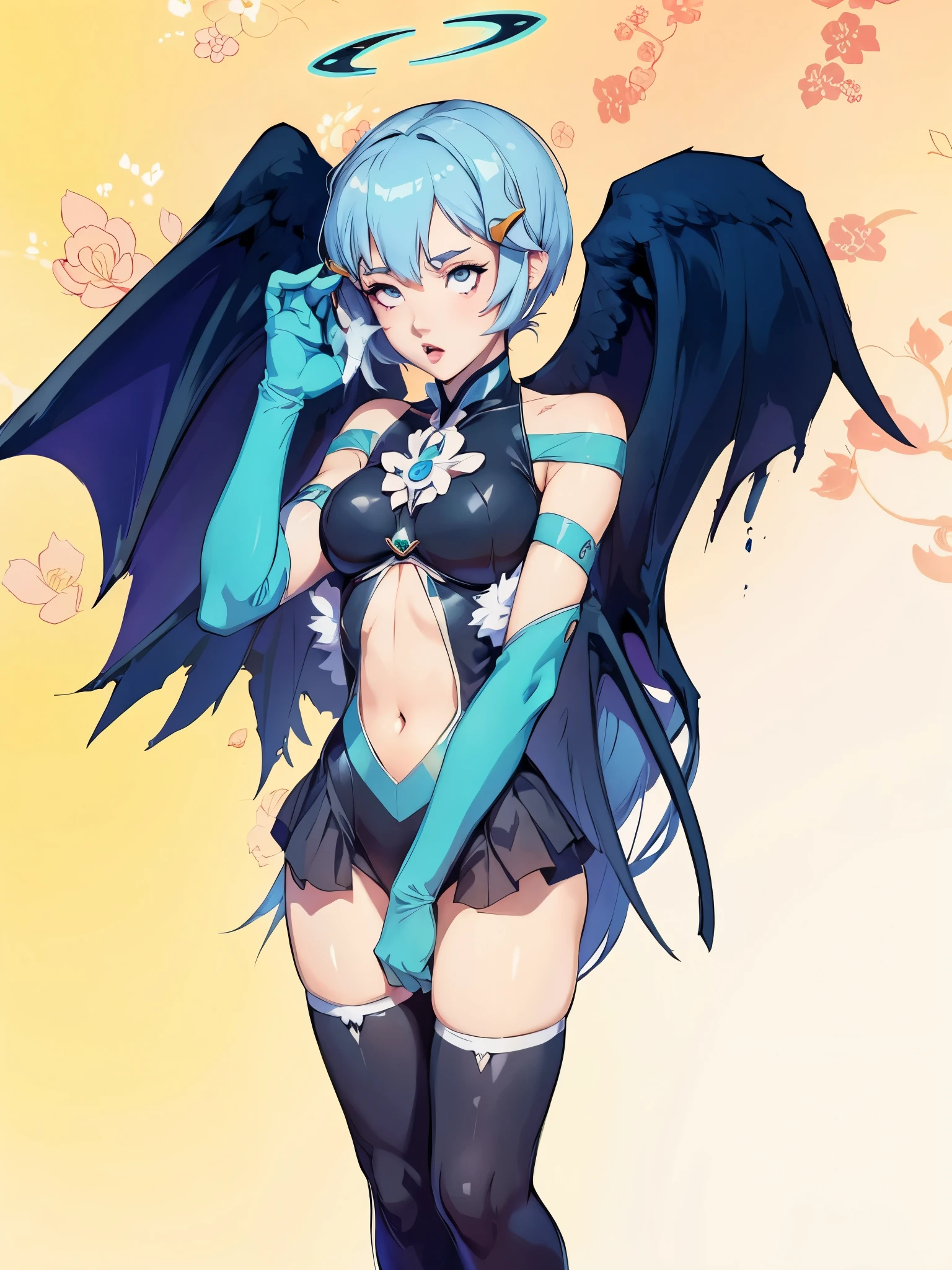 1girl, breasts, jewelry, wings on head, only, big breasts, Morrigan Aensland, wings, nude body, full body, standing, blue hair, short hair, blue eyes, bat wings, tiara, sexy pose, nude shoulders, looking at viewer, castle, night