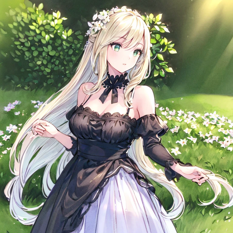 (best quality,ultra-detailed,photorealistic:1.37)alone,adult girl,A girl in a black and white dress,Long flowing blondes hair tied up,green eye,Off-shoulder,long hair,long eyelashes,sparkling dress texture,detailed lips,flowers in the background,soft lighting,stunning makeup,graceful pose,vivid colors