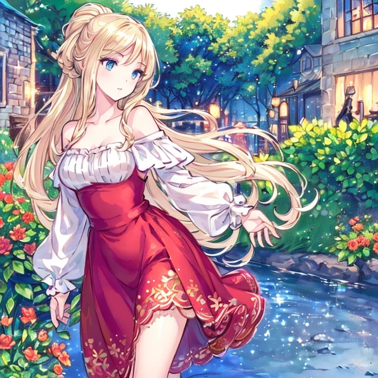 (best quality,ultra-detailed,photorealistic:1.37)alone,adult girl,A girl in a red and silver dress,Long flowing blondes hair tied up,green eye,blue eyes,Off-shoulder,long hair,long eyelashes,sparkling dress texture,detailed lips,flowers in the background,soft lighting,stunning makeup,graceful pose,vivid colors