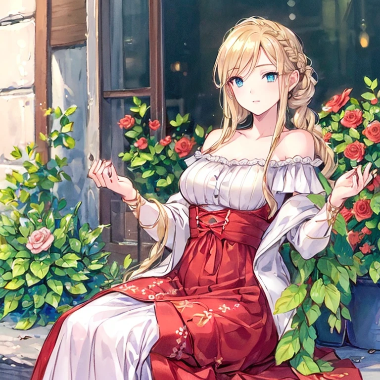 (best quality,ultra-detailed,photorealistic:1.37)alone,adult girl,A girl in a red and silver dress,Long flowing blondes hair tied up,green eye,blue eyes,Off-shoulder,long hair,long eyelashes,sparkling dress texture,detailed lips,flowers in the background,soft lighting,stunning makeup,graceful pose,vivid colors