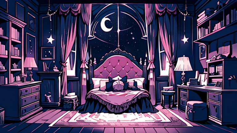 background、highest quality、detailed、gothic atmosphere、Room illustration、、Illustration in black and pink tones、spacious room、night、深night、窓から美しいnight空、lace curtains、Gothic bed、one chandelier、Gothic furniture、bookshelf、Plush rug、There are no living things、wide range composition、Deformed illustration、dark atmosphere、nightの静けさ、starry sky、Crescent Moon、Crescent Moonと星の電飾、Nobody is here