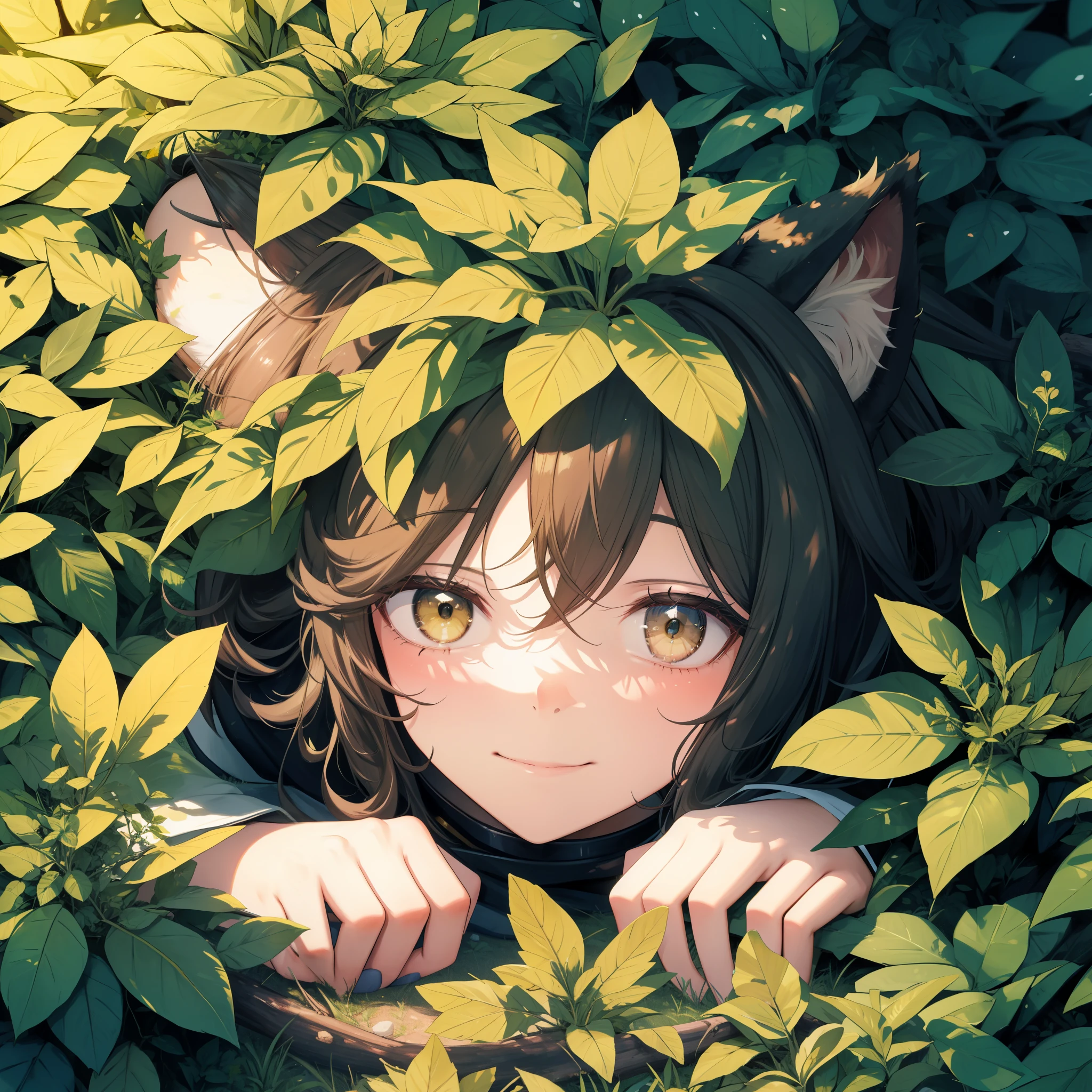 best quality, masterpiece, highres, solo, 1girl, in a leavy bush, cat ears,only head out of bush,close up,lie down on bush,smile