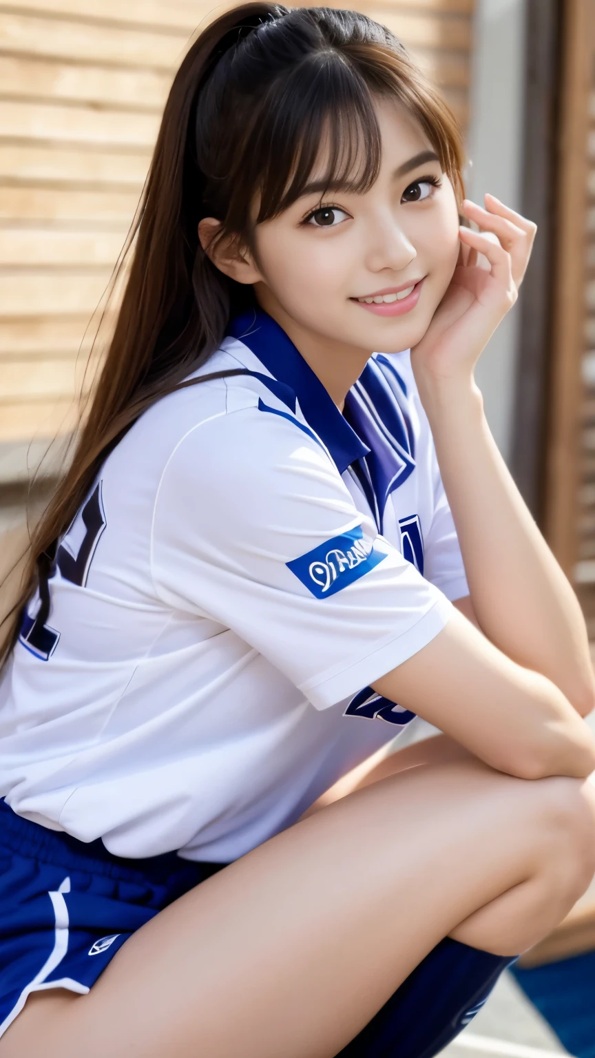 Best-quality, Masterpiece, Ultra-High-Resolution, (Photorealistic:1.4), Raw-Photo, 1girl, the most famous Japanese actress, wearing volleyball-uniform, extremely beautiful face, extremely beautiful big-eyes, extremely beautiful hair, extremely beautiful skins, extremely beautiful long-eyelashes, extremely beautiful lips, extremely beautiful hip, extremely beautiful thighs, dynamic-pose, innocent-smile