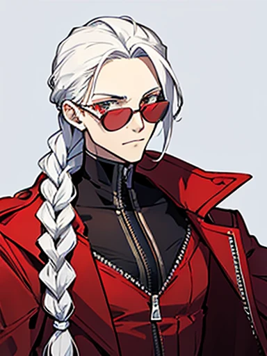  Concept ART ,human Male  ,Clear Skin ,Red eyewear , white hair,long braided ,zip Red Coat  , Black Gloves  , Cool face 