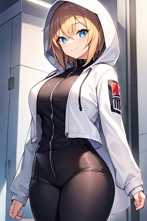 1girl, hood, jacket, hooded jacket, hood on, hood up, blonde hair, large breasts, breasts, wide hips, thick thighs, hourglass figure, white jacket, black shirt, shirt, very short hair, pants, black pants, smile, toned, toned female, urban, mature female, tall, tall female, arm down, hands down, arms down, hand down, cropped jacket, ((cropped jacket)), 2d, anime style, anime screencap, ((2d)), ((anime style)), ((anime screencap))