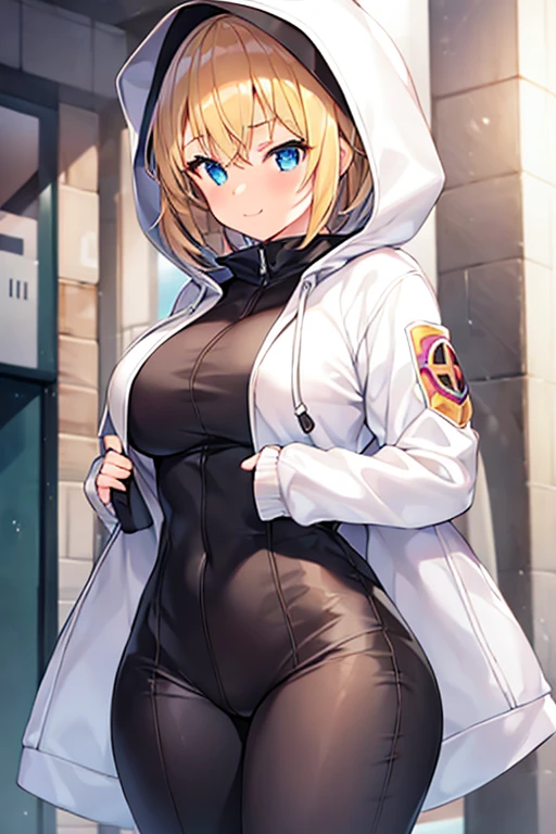 1girl, hood, jacket, hooded jacket, hood on, hood up, blonde hair, large breasts, breasts, white jacket, black shirt, shirt, very short hair, pants, black pants, smile, toned, toned female, urban, mature female, tall, tall female