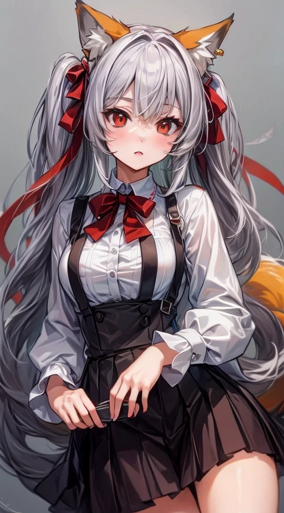 A neko woman with grey hair in a virtual YouTuber style is the centerpiece of this artwork. Her hairstyle features long hair with twintails and bangs, with a section of hair falling between her eyes. She has adorable animal ears, specifically fox ears, which are fluffy. Her piercing red eyes and fox tail add to her captivating appearance.

For the clothing, she wears a white shirt with long sleeves that extend past her wrists. The shirt is adorned with a beautiful red bow, which complements her hair bow. The skirt she wears is a stylish black pleated skirt, adding a touch of elegance to her overall look.

The artwork is of the highest quality, with a "masterpiece" level of detail. It is created with the best quality materials, ensuring a high-resolution, high-quality image. The details are ultra-detailed and realistic, showcasing professional craftsmanship. The lighting in the artwork enhances the overall atmosphere and highlights the intricate details.

The art style chosen for this prompt is a perfect blend of anime and concept artists, capturing the charm and aesthetics of both genres. The colors used in the artwork are vivid and vibrant, creating a visually appealing composition.

In summary, this Stable Diffusion prompt generates a high-quality, ultra-detailed image of a neko woman in a virtual YouTuber style. It focuses on her unique features, clothing, and offers a captivating art style with vivid colors and professional craftsmanship. The prompt is designed to produce an exquisite masterpiece that will delight art enthusiasts and fans of neko characters.💗🥵💗🥵💗🥵💗🥵💗🥵💗🥵💗🥵💗🥵💗🥵💗🥵💗🥵💗🥵💗🥵💗🥵💗🥵💗