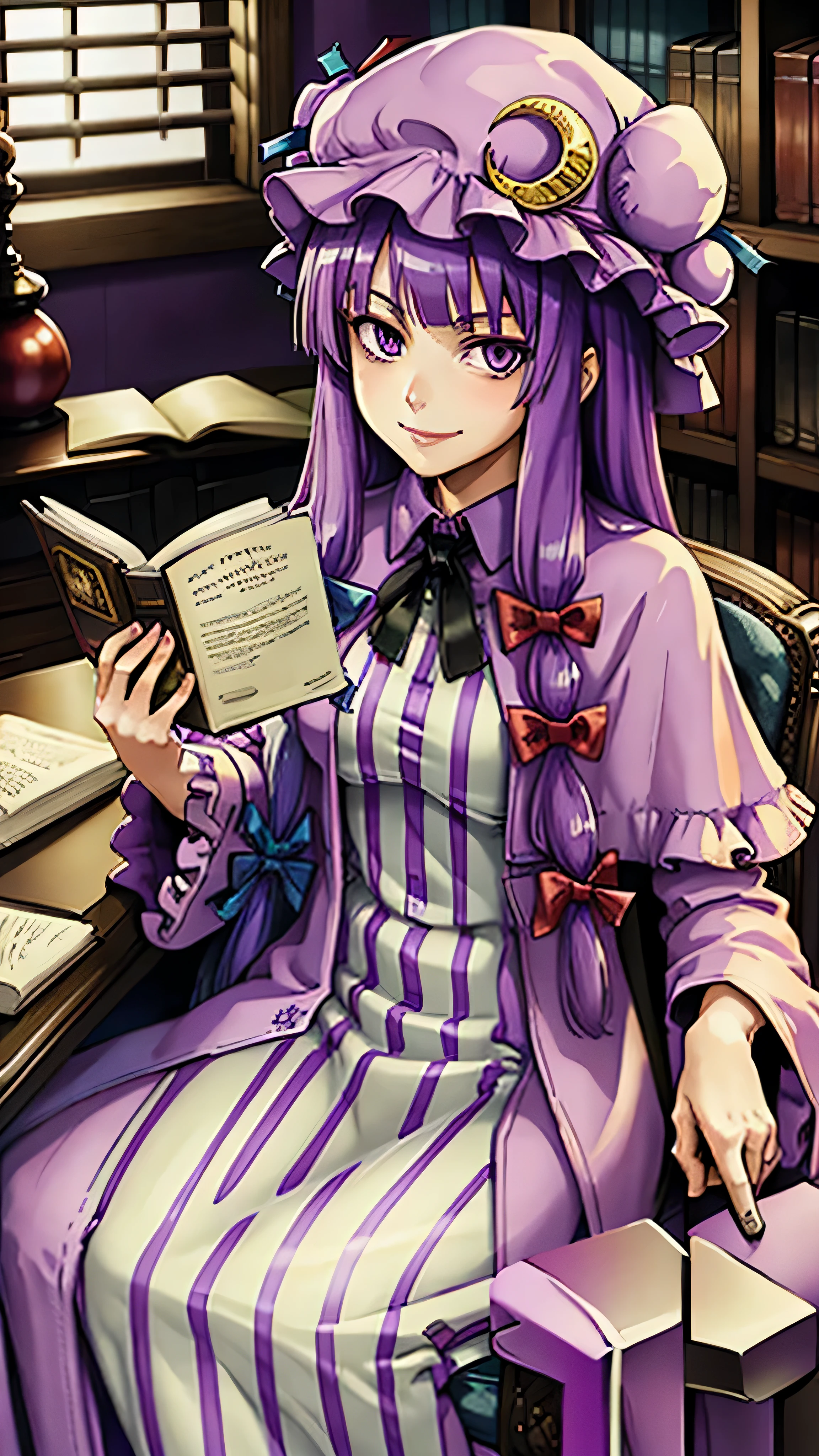 best quality, hdr, 1girl, patchouli knowledge, purple hair, purple eyes, long hair, mob cap, crescent hat ornament, ribbon, dress, smile, smug, sitting on a chair, reading a book, looking at viewer, library background
