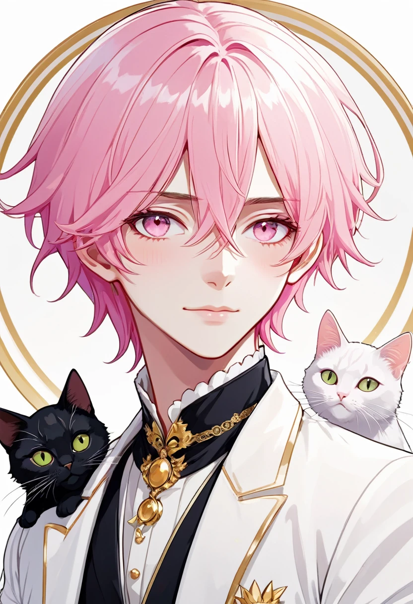 Masterpiece, ultra-detailed, Anime boy, smirk, long layered pink hair, light white eyes:1.3 , white clothes, white prince outfit, one black cat in circle, simple yet elegant design, white background with gold border, vectorised and silhouetted, full-HD and 8K professional sticker design, intricately detailed drawing with flat vector lines.
