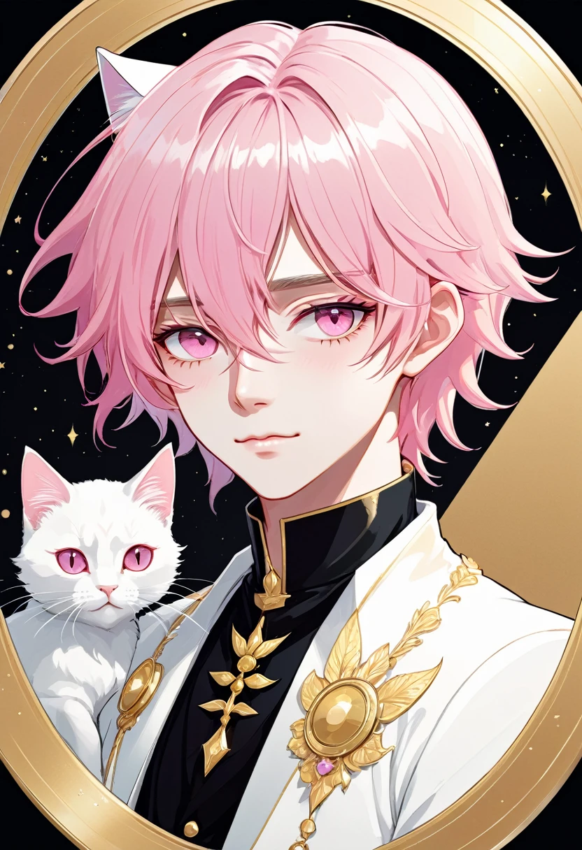 Masterpiece, ultra-detailed, Anime boy, smirk, long layered pink hair, light white eyes:1.3 , white clothes, white prince outfit, one black cat in circle, simple yet elegant design, white background with gold border, vectorised and silhouetted, full-HD and 8K professional sticker design, intricately detailed drawing with flat vector lines.