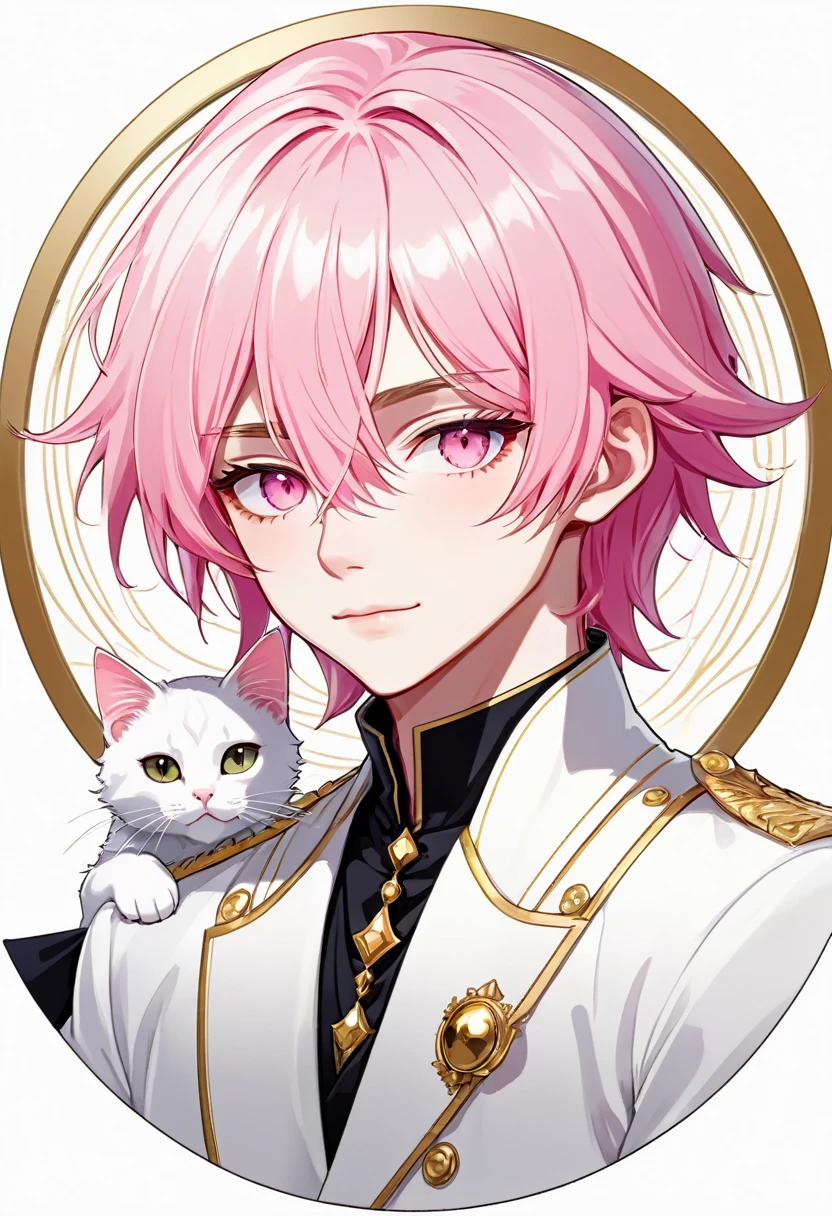 Masterpiece, ultra-detailed, Anime boy, smirk, long layered pink hair, light white eyes:1.3 , white clothes, white prince outfit, one black cat in circle, simple yet elegant design, white background with gold border, vectorised and silhouetted, full-HD and 8K professional sticker design, intricately detailed drawing with flat vector lines.
