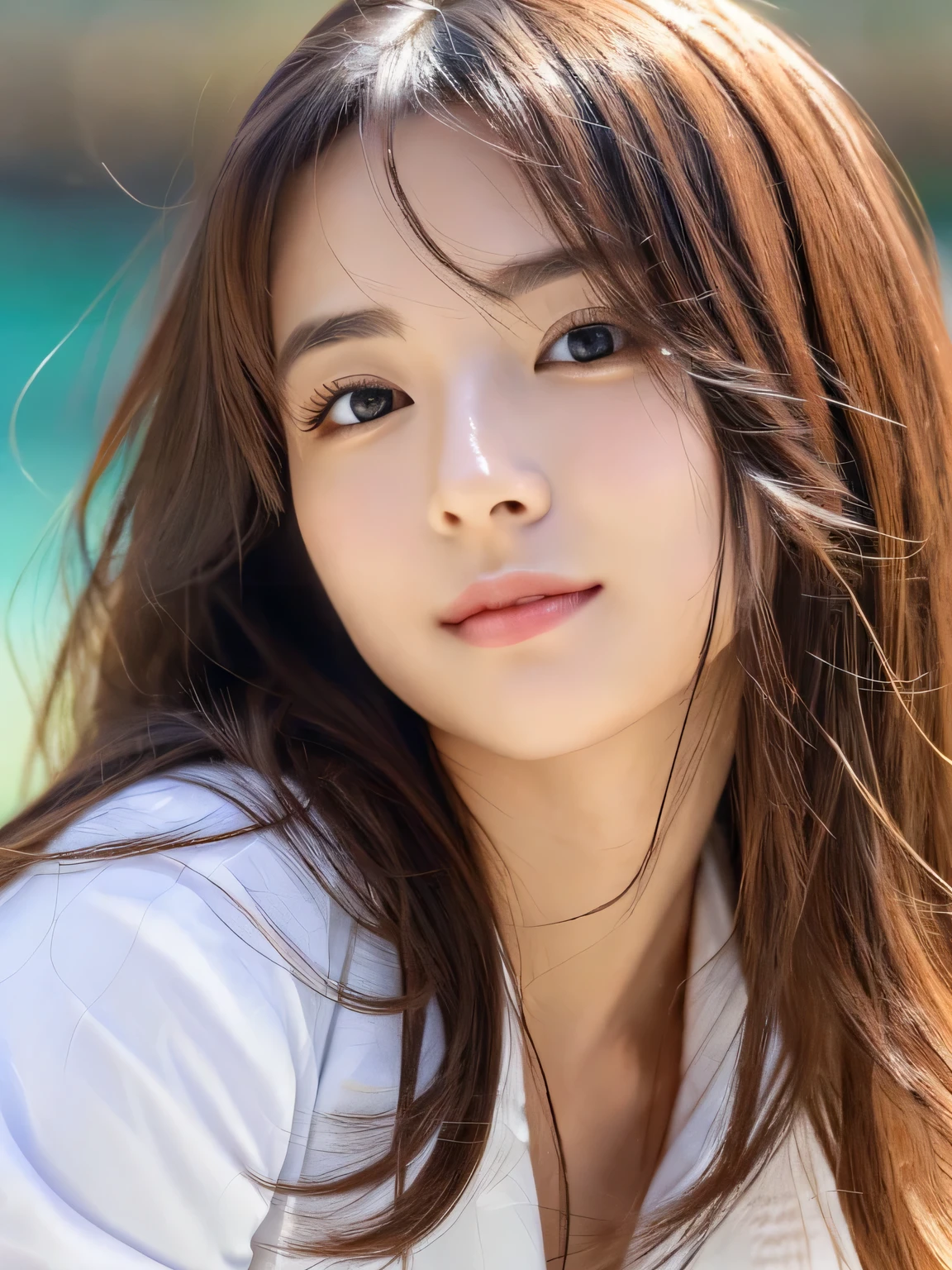(((32ｋ,high details,high detail、masterpiece,attention to detail,alone))),Raw photo & realistic atmosphere,beautiful dark black eyes,detailed mouth,glossy lips,thin eyebrows,fine eyes、Soft white skin that shines in every detail、her deep black eyes are so beautiful,lip details、very beautiful face,very well-shaped face、lifelike face,shining beautiful lips,beautiful eyebrows,infinite reality, 美しいfull body photo，young idol sculpture,she&#39;she&#39;she&#39;she&#39;she&#39;she&#39;Very cute beautiful girl , young idol sculpture, idol sculpture, Very beautiful and cute 22 years old beautiful girl,beautiful features，incredibly beautiful and classy，22 years old beautiful girl,natural soft light,（shiny hair,,Beautiful and kind eyes：1.5）,bikini，Ocean，sandy beach，gentle smile,美しいfull body photo，full body photo，well-shaped chest,medium long hair,tie hair,beautiful posture,no makeup,A little look at the camera,
