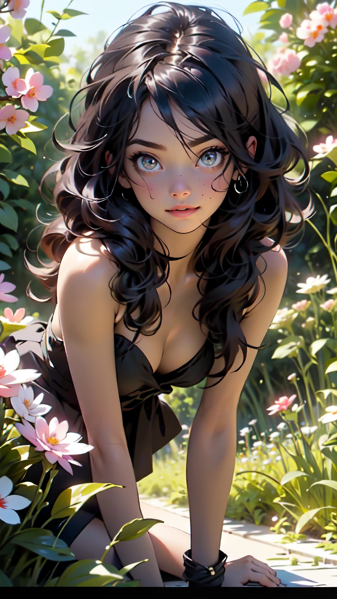 detailed eyes, detailed face, sidelighting, finely detailed beautiful gray eyes: 1.2), medium breast, realistic, glowing eyes,shiny hair,black hair,long long hair, lustrous skin, solo, embarassed,Strapless,exquisite,beautifly,garden,flowers,flying petals, bare legs, cherry blossom, cinematic light, cinematic composition, abundant expressions, full body