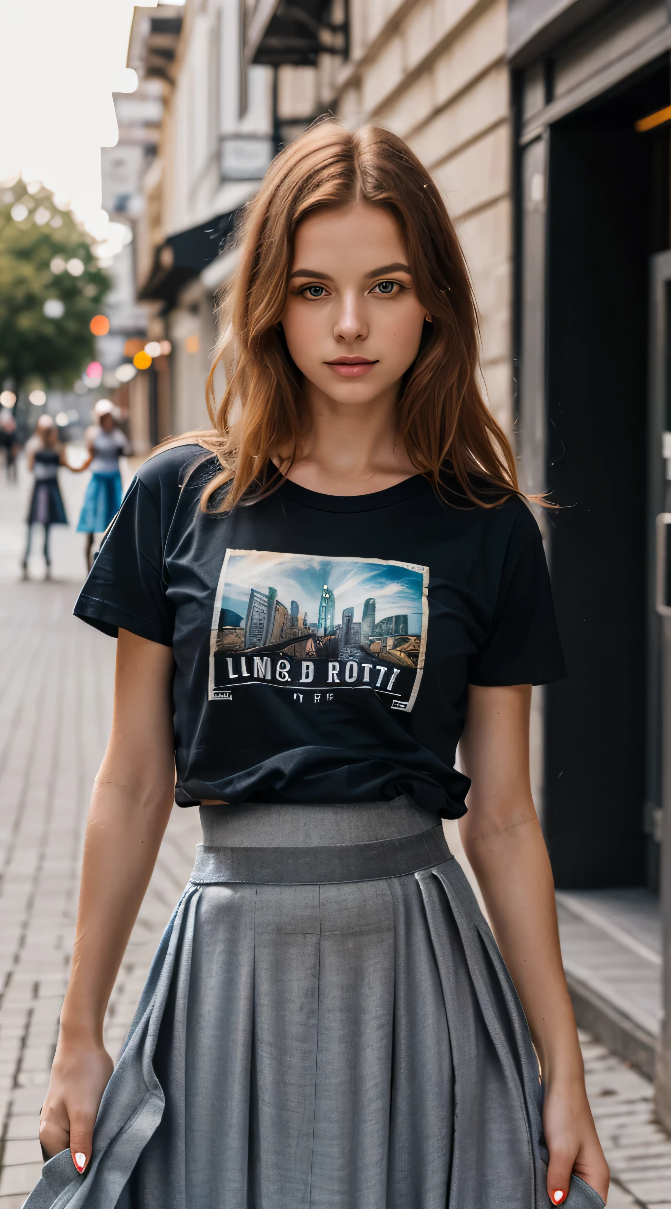 european girl with light ginger hair, photo realistic, a cozy city street in the background, (((wearing closed t-shirt and long skirt:1.5))), blue eyes, holding book in the hand