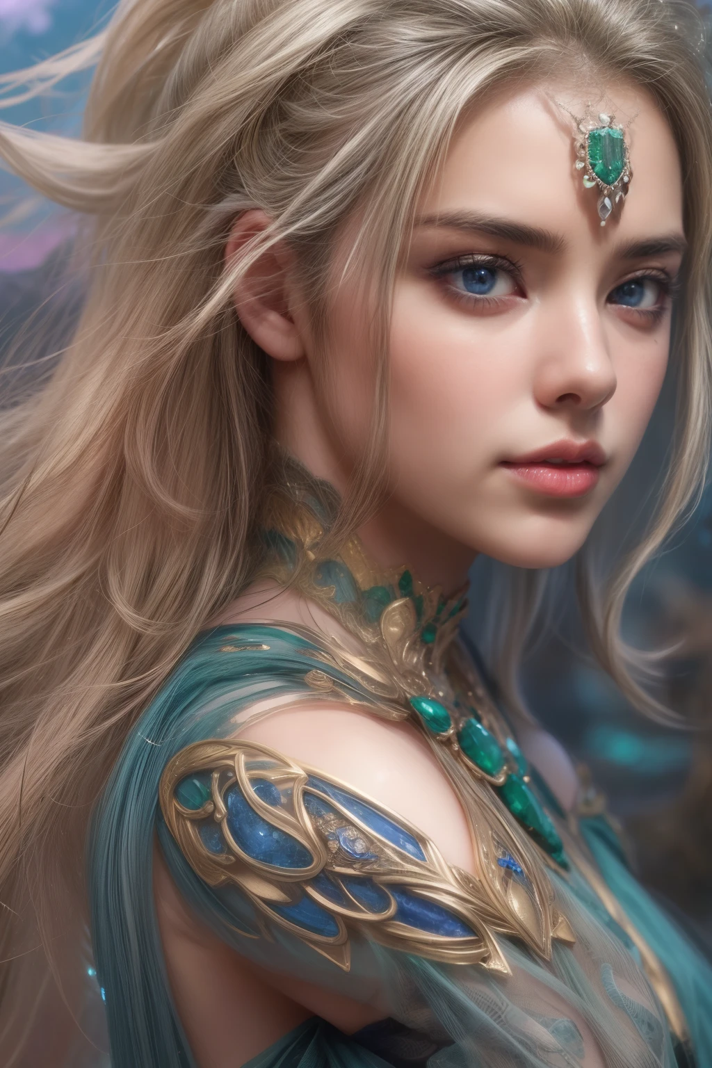 1girl in, age19, Solo, Long hair, Colossal , Looking at Viewer, blonde hair, Bare shoulders, Brown eyes, jewellery, Full body, a necklace, off shoulders, Sweaters, Realistic, A sexy, no makeup and in the green dress, (photograph:1.2)、(photorealistic:1.3)、(masterpiece:1.3)、(Highest image quality:1.4)、ultra high resolution、realistic eyes、 (detailed eyes)、(detailed facial features)、(Detailed garment features)、8K resolution、solo focus、26 year old cute woman、small face、 ,From Side, Photorealistic, Official art, Unity 8k wallpapr, 8K Portrait, Best Quality, Very high resolution, (Incredibly beautiful nature background:1.6), One girl, One beautiful teenage italian girl, sixteen years old, Obscene, (Sexy and glamorous:1.1), (A coquettish expression:1.6), (small breasts with raised pink areolas,:1.6), Vulgarity, (seductively smiling:1.2), (full body1.0), (erotic posing:1.5), (Magic Attack Pose:1.6),(magical effects like sparkles or energy:1.5), (Electric shock from hands:1.1), (Detailed blue bodysuit with beautiful fractal or marble design:1.5), (Beautiful and d delicate ruby, topaz, emerald and sapphire jewelry:1.45), Beautiful seductive face, Portrait, (Thick eyebrows:1.2), (Big purple eyes:1.2), Beautiful eyes with fine symmetry, (Ultra detailed eyes:1.4), (High resolution eyes:1.1), Intimate face, (ultra detailed skin texture:1.4), White skin, pale skin, Perfect Anatomy, Thin, (Beautiful toned body:1.1), Hair Bow, (Moist skin:1.1), full of sweat, No makeup, dark circles, Good anatomy, Focus Face, goodlooking, (Emilia Clark:0.6) (Emma watson:0.3),(Jennifer Connelly:0.4), (sensual face:1.5), Elegant face, Nice, Dolce, Cyberpunk Sci-Fi, (Gauntlets with intricate and beautiful designs:1.2), Blurred background, Blurred foreground, depth of fields, (Motion Blur:1.1), Complex and colorful biomechanical bodysuit, Zentangle, mandalas, Entangled, (Small breasts:1.2), Sheer breast, (Beautiful :1.2), (NSFW:1.2), large hips, drivel, Juice stain, grabbing on breasts