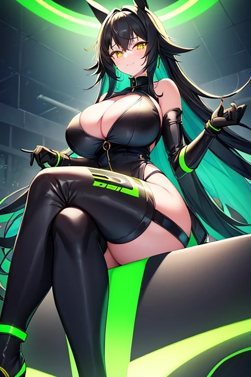 1girl, large breasts, thick thighs, yellow eyes, wide hips, (black hair), colored inner hair, (colored inner hair), green hair, smile, long hair, black bodysuit, bodysuit, race queen, bare legs, shoes, green trim, science-fiction, futuristic, neon, tech, neon lights, neon trim, machinery, sitting, crossed legs, (ass), ass, cleavage cutout, cleavage