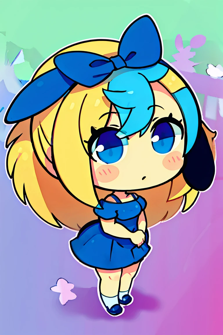 an anime girl, 1 1girl,blue dog ears blue dress White socks black shoes black eyes blonde hair  blue bow chibi,full body,  front view, solo