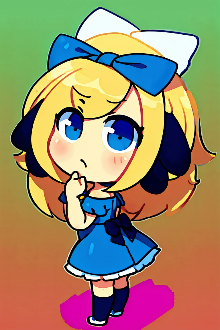 an anime girl, 1 1girl,blue dog ears blue dress White socks black shoes black eyes blonde hair  blue bow chibi,full body,  front view, solo