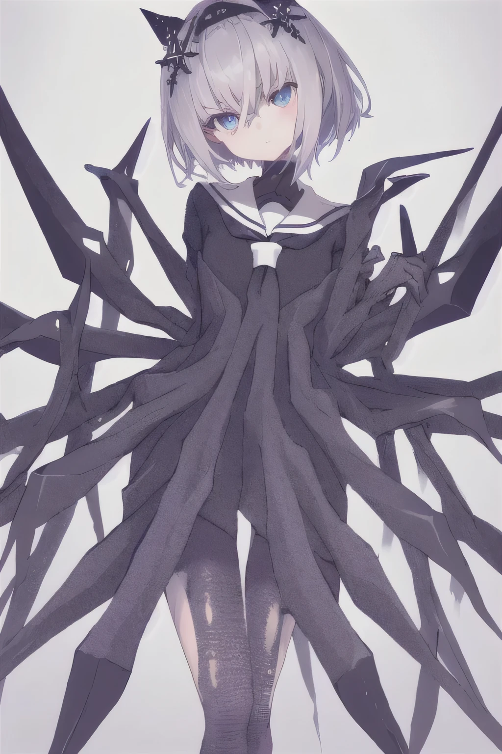 1girl, bangs, black_hairband, blue_eyes, blush, eyebrows_visible_through_hair, gradient, gradient_background, hair_between_eyes, hair_ornament, hairband, long_sleeves, looking_at_viewer, neckerchief, open_mouth, sailor_collar, school_uniform, serafuku, shirt, short_hair, silver_hair, skirt, snowflake_hair_ornament, solo, sora_ginko, v-shaped_eyebrows, white_background, white_sailor_collar naked full body laying on bed