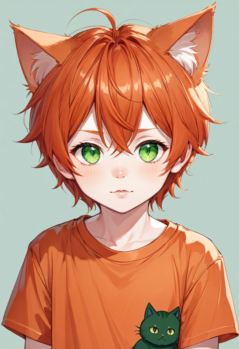 bust_portrait, catboy, cat ears, red hair, green eyes, fang, simple orange shirt, pale skin, cute adorable, little boy, , shota, toddler, cute, innocent,