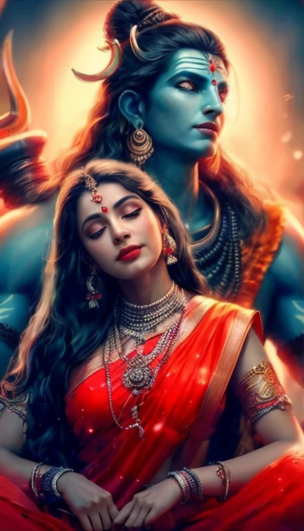 a painting of a woman in a red sari and a man lord shiva, romantic image, intimate moments, kissing each other hugging, indian goddess, beautiful depiction, shiva, devainart, indian god, indian art, 8k)), from ramayan, avatar image, profile pic, by Max Dauthendey