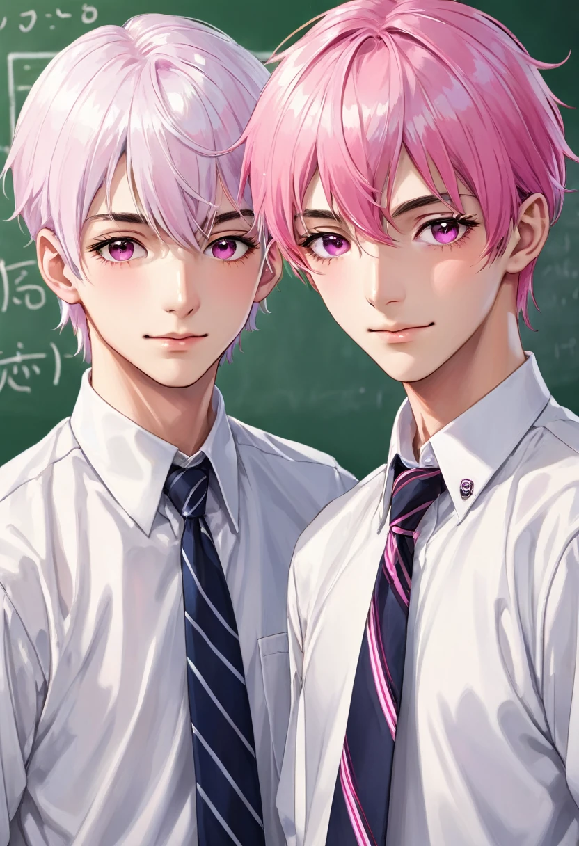(muste piece), (best quality), very detailed, (((Two friendly high school boys:1.5))), perfect face, beautiful face, very detailed face，(white haired man:1.3)，(pink haired man:1.3)，School，classroom，student uniform，white uniform, tie，shirt