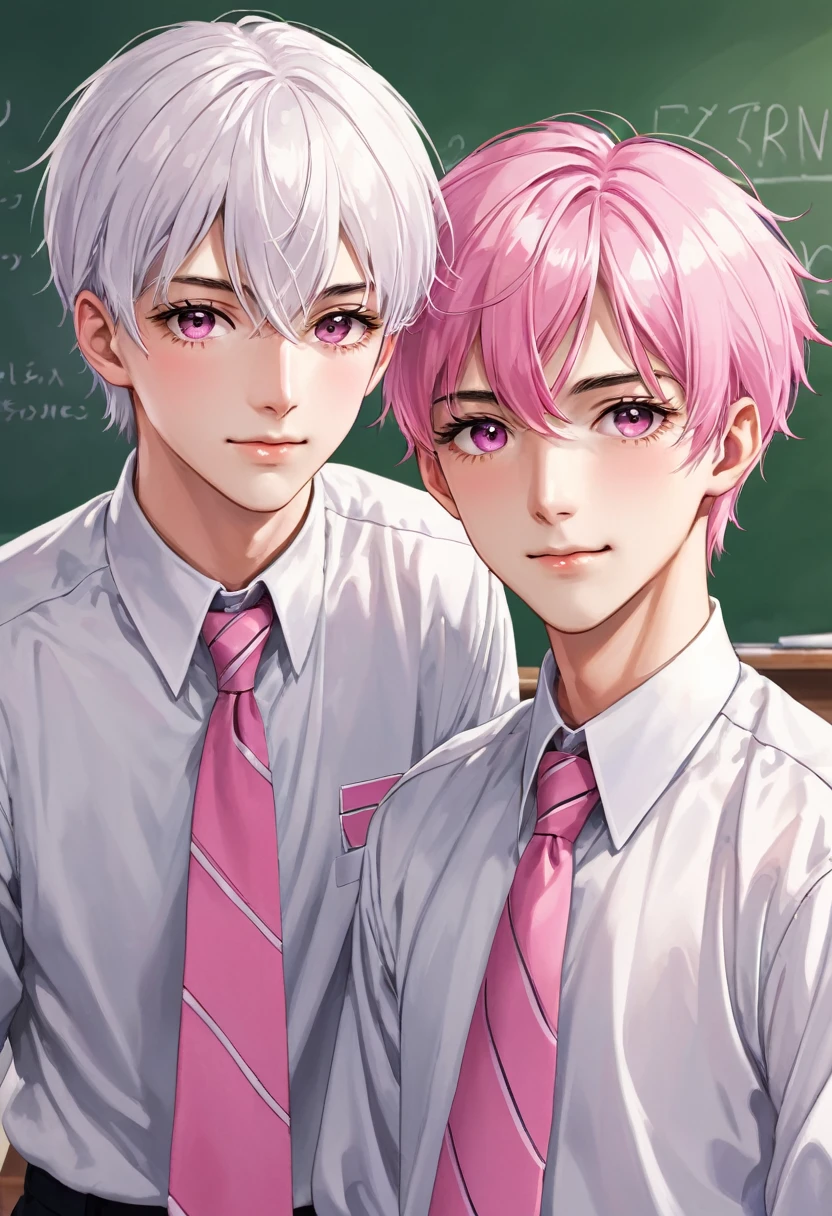 (muste piece), (best quality), very detailed, (((Two friendly high school boys:1.5))), perfect face, beautiful face, very detailed face,(white haired man:1.3),(pink haired man:1.3),School,classroom,student uniform,white uniform, tie,shirt