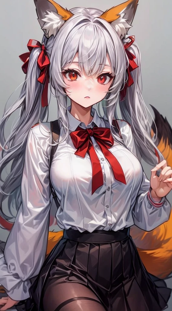 A neko woman with grey hair in a virtual YouTuber style is the centerpiece of this artwork. Her hairstyle features long hair with twintails and bangs, with a section of hair falling between her eyes. She has adorable animal ears, specifically fox ears, which are fluffy. Her piercing red eyes and fox tail add to her captivating appearance.
For the clothing, she wears a white shirt with long sleeves that extend past her wrists. The shirt is adorned with a beautiful red bow, which complements her hair bow. The skirt she wears is a stylish black pleated skirt, adding a touch of elegance to her overall look.
The artwork is of the highest quality, with a "masterpiece" level of detail. It is created with the best quality materials, ensuring a high-resolution, high-quality image. The details are ultra-detailed and realistic, showcasing professional craftsmanship. The lighting in the artwork enhances the overall atmosphere and highlights the intricate details.
The art style chosen for this prompt is a perfect blend of anime and concept artists, capturing the charm and aesthetics of both genres. The colors used in the artwork are vivid and vibrant, creating a visually appealing composition.
In summary, this Stable Diffusion prompt generates a high-quality, ultra-detailed image of a neko woman in a virtual YouTuber style. It focuses on her unique features, clothing, and offers a captivating art style with vivid colors and professional craftsmanship. The prompt is designed to produce an exquisite masterpiece that will delight art enthusiasts and fans of neko characters. Sus seductive sexy
