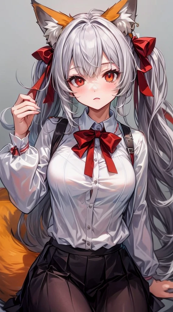 A neko woman with grey hair in a virtual YouTuber style is the centerpiece of this artwork. Her hairstyle features long hair with twintails and bangs, with a section of hair falling between her eyes. She has adorable animal ears, specifically fox ears, which are fluffy. Her piercing red eyes and fox tail add to her captivating appearance.

For the clothing, she wears a white shirt with long sleeves that extend past her wrists. The shirt is adorned with a beautiful red bow, which complements her hair bow. The skirt she wears is a stylish black pleated skirt, adding a touch of elegance to her overall look.

The artwork is of the highest quality, with a "masterpiece" level of detail. It is created with the best quality materials, ensuring a high-resolution, high-quality image. The details are ultra-detailed and realistic, showcasing professional craftsmanship. The lighting in the artwork enhances the overall atmosphere and highlights the intricate details.

The art style chosen for this prompt is a perfect blend of anime and concept artists, capturing the charm and aesthetics of both genres. The colors used in the artwork are vivid and vibrant, creating a visually appealing composition.

In summary, this Stable Diffusion prompt generates a high-quality, ultra-detailed image of a neko woman in a virtual YouTuber style. It focuses on her unique features, clothing, and offers a captivating art style with vivid colors and professional craftsmanship. The prompt is designed to produce an exquisite masterpiece that will delight art enthusiasts and fans of neko characters. Sus seductive sexy