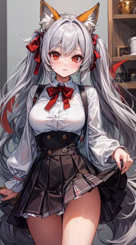 A neko woman with grey hair in a virtual YouTuber style is the centerpiece of this artwork. Her hairstyle features long hair with twintails and bangs, with a section of hair falling between her eyes. She has adorable animal ears, specifically fox ears, which are fluffy. Her piercing red eyes and fox tail add to her captivating appearance.

For the clothing, she wears a white shirt with long sleeves that extend past her wrists. The shirt is adorned with a beautiful red bow, which complements her hair bow. The skirt she wears is a stylish black pleated skirt, adding a touch of elegance to her overall look.

The artwork is of the highest quality, with a "masterpiece" level of detail. It is created with the best quality materials, ensuring a high-resolution, high-quality image. The details are ultra-detailed and realistic, showcasing professional craftsmanship. The lighting in the artwork enhances the overall atmosphere and highlights the intricate details.

The art style chosen for this prompt is a perfect blend of anime and concept artists, capturing the charm and aesthetics of both genres. The colors used in the artwork are vivid and vibrant, creating a visually appealing composition.

In summary, this Stable Diffusion prompt generates a high-quality, ultra-detailed image of a neko woman in a virtual YouTuber style. It focuses on her unique features, clothing, and offers a captivating art style with vivid colors and professional craftsmanship. The prompt is designed to produce an exquisite masterpiece that will delight art enthusiasts and fans of neko characters. Sus seductive sexy