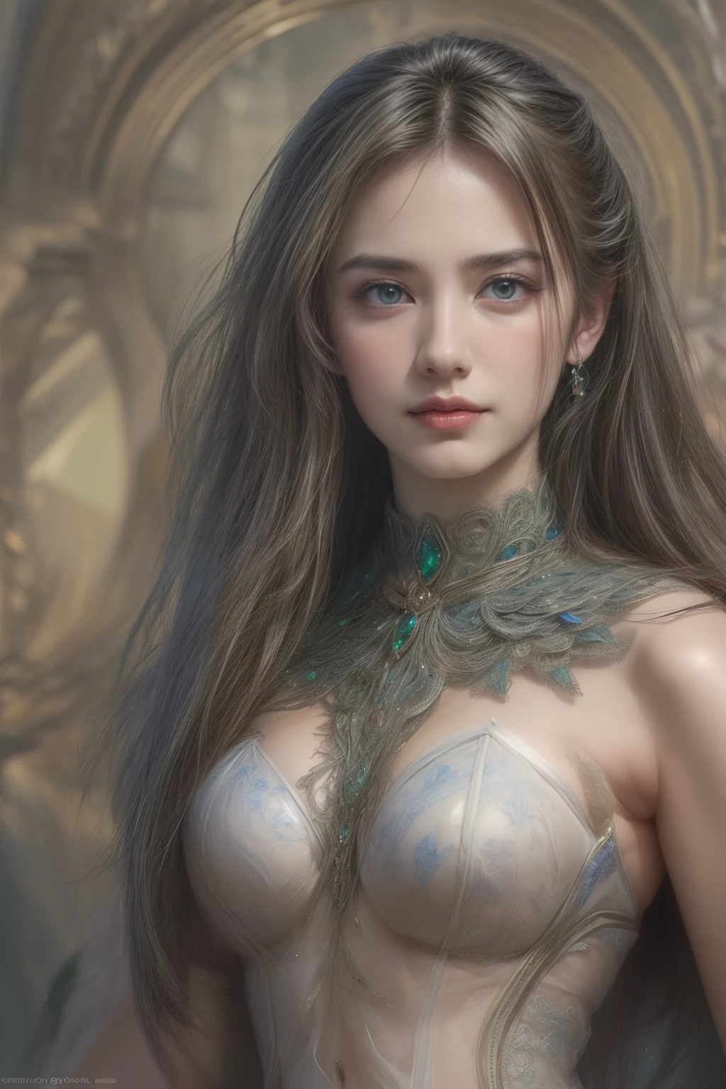 1girl in, age19, Solo, Long hair, Colossal , Looking at Viewer, blonde hair, Bare shoulders, Brown eyes, jewellery, Full body, a necklace, off shoulders, Sweaters, Realistic, A sexy, no makeup and in the green dress, (photograph:1.2)、(photorealistic:1.3)、(masterpiece:1.3)、(Highest image quality:1.4)、ultra high resolution、realistic eyes、 (detailed eyes)、(detailed facial features)、(Detailed garment features)、8K resolution、solo focus、26 year old cute woman、small face、 ,From Side, Photorealistic, Official art, Unity 8k wallpapr, 8K Portrait, Best Quality, Very high resolution, (Incredibly beautiful nature background:1.6), One girl, One beautiful teenage italian girl, sixteen years old, Obscene, (Sexy and glamorous:1.1), (A coquettish expression:1.6), (small breasts with raised pink areolas,:1.6), Vulgarity, (seductively smiling:1.2), (full body1.0), (erotic posing:1.5), (Magic Attack Pose:1.6),(magical effects like sparkles or energy:1.5), (Electric shock from hands:1.1), (Detailed blue bodysuit with beautiful fractal or marble design:1.5), (Beautiful and d delicate ruby, topaz, emerald and sapphire jewelry:1.45),  Beautiful seductive face, Portrait, (Thick eyebrows:1.2), (Big purple eyes:1.2), Beautiful eyes with fine symmetry, (Ultra detailed eyes:1.4), (High resolution eyes:1.1), Intimate face, (ultra detailed skin texture:1.4), White skin, pale skin, Perfect ???????, Thin, (Beautiful toned body:1.1), Hair Bow, (Moist skin:1.1), full of sweat, No makeup, dark circles, Good anatomy, Focus Face, goodlooking, (Emilia Clark:0.6)  (Emma watson:0.3),(Jennifer Connelly:0.4), (sensual face:1.5), Elegant face, Nice, Dolce, Cyberpunk Sci-Fi, (Gauntlets with intricate and beautiful designs:1.2), Blurred background, Blurred foreground, depth of fields, (Motion Blur:1.1), Complex and colorful biomechanical bodysuit, Zentangle, mandalas, Entangled,  (Small breasts:1.2), Sheer breast, (Beautiful :1.2), (NSFW:1.2), large hips, drivel,  Juice stain, grabbing on breasts