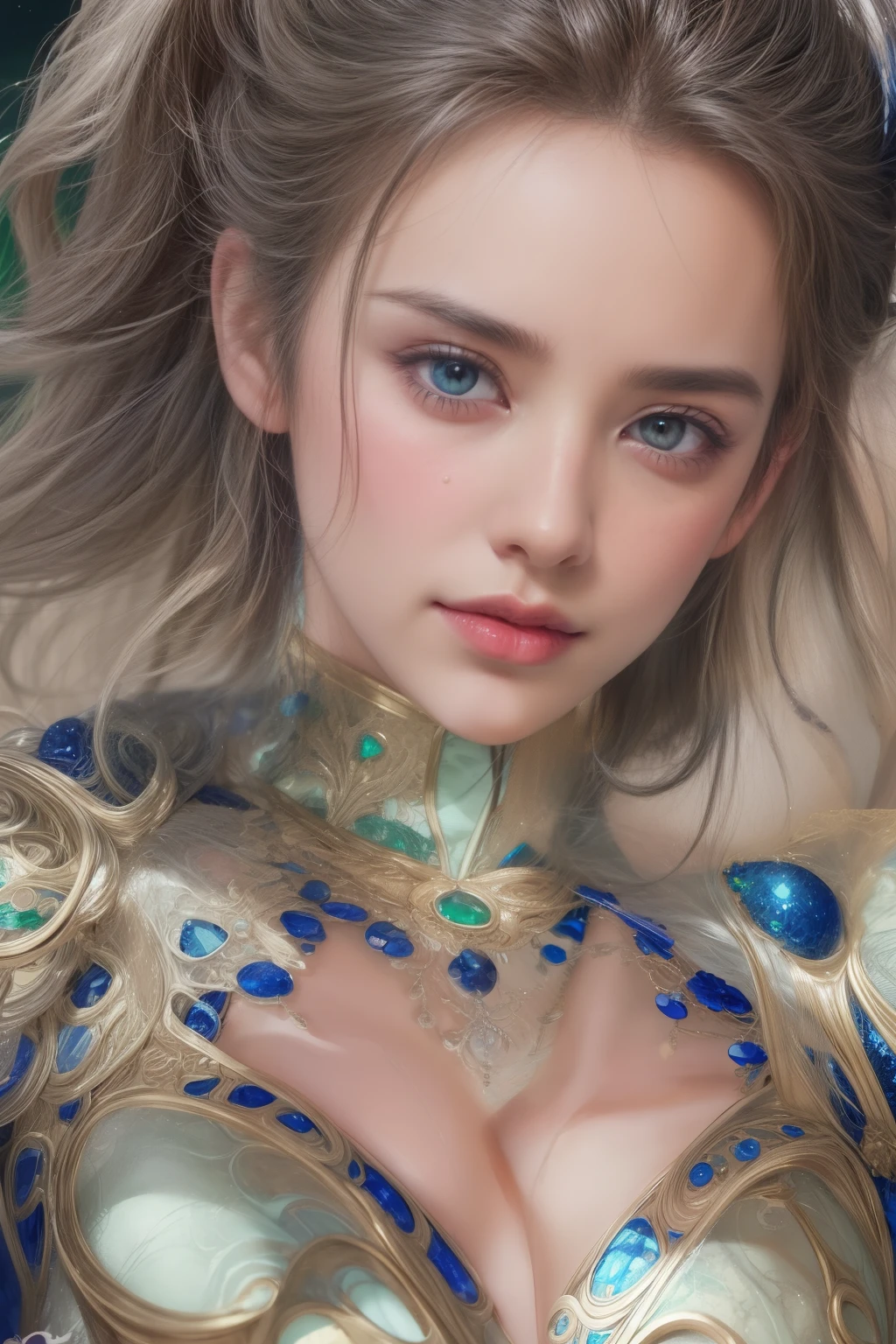 1girl in, age19, Solo, Long hair, Colossal , Looking at Viewer, blonde hair, Bare shoulders, Brown eyes, jewellery, Full body, a necklace, off shoulders, Sweaters, Realistic, A sexy, no makeup and in the green dress, (photograph:1.2)、(photorealistic:1.3)、(masterpiece:1.3)、(Highest image quality:1.4)、ultra high resolution、realistic eyes、 (detailed eyes)、(detailed facial features)、(Detailed garment features)、8K resolution、solo focus、26 year old cute woman、small face、 ,From Side, Photorealistic, Official art, Unity 8k wallpapr, 8K Portrait, Best Quality, Very high resolution, (Incredibly beautiful nature background:1.6), One girl, One beautiful age italian girl, sixteen years old, Obscene, (Sexy and glamorous:1.1), (A coquettish expression:1.6), (small breasts with raised pink areolas,:1.6), Vulgarity, (seductively smiling:1.2), (full body1.0), (erotic posing:1.5), (Magic Attack Pose:1.6),(magical effects like sparkles or energy:1.5), (Electric shock from hands:1.1), (Detailed blue bodysuit with beautiful fractal or marble design:1.5), (Beautiful and d delicate ruby, topaz, emerald and sapphire jewelry:1.45),  Beautiful seductive face, Portrait, (Thick eyebrows:1.2), (Big purple eyes:1.2), Beautiful eyes with fine symmetry, (Ultra detailed eyes:1.4), (High resolution eyes:1.1), Intimate face, (ultra detailed skin texture:1.4), White skin, pale skin, Perfect Anatomy, Thin, (Beautiful toned body:1.1), Hair Bow, (Moist skin:1.1), full of sweat, No makeup, dark circles, Good anatomy, Focus Face, goodlooking, (Emilia Clark:0.6)  (Emma watson:0.3),(Jennifer Connelly:0.4), (sensual face:1.5), Elegant face, Nice, Dolce, Cyberpunk Sci-Fi, (Gauntlets with intricate and beautiful designs:1.2), Blurred background, Blurred foreground, depth of fields, (Motion Blur:1.1), Complex and colorful biomechanical bodysuit, Zentangle, mandalas, Entangled,  (Small breasts:1.2), Sheer breast, (Beautiful :1.2), (NSFW:1.2), large hips, drivel,  Juice stain, grabbing on breasts