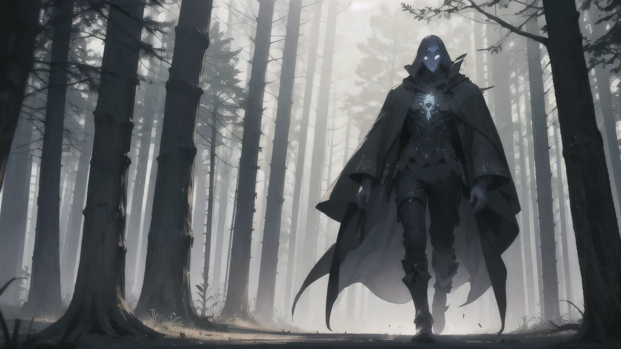 midjourney, ((best quality)), ((masterpiece)), (detailed) dark titan creature with black shadowy body standing high, head penetrating the clouds, dark forest, foggy , dim light from sun.