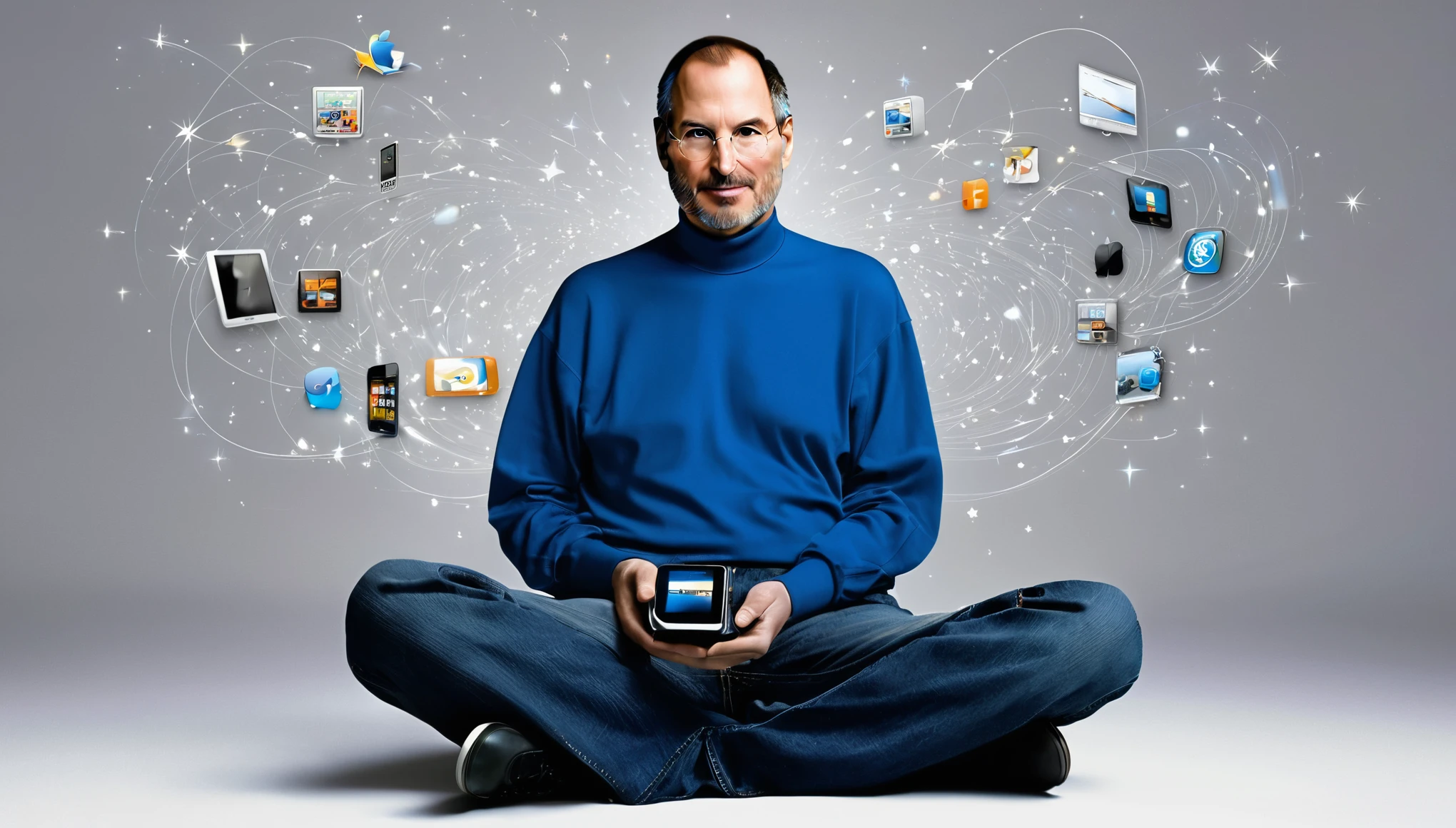 A digitally rendered portrait of Steve Jobs, capturing the essence of his visionary nature. He is seen wearing his iconic black turtleneck and blue jeans, seated on a minimalistic platform. Behind him, a timeline of Apple's evolution unfolds, with various devices such as the iPod, iPhone, and MacBook. An aura of brilliance surrounds him, with stars and swirling patterns symbolizing his creative and revolutionary impact. The image is crisp and clear, celebrating the legacy of Steve Jobs and his lasting contribution to technological advancement.