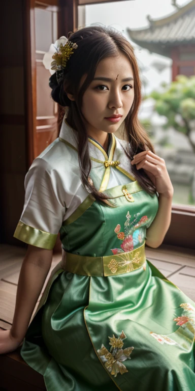 There's a cartoon girl dressed, chinese dress, Hanbok apron, chinese costume, Chinese traditional costume, close-up - vista, Hanbok, wearing ancient chinese costume, with ancient chinese costume, Palace, uma garota em hanfu, hanfu branco, Cheongsam, vestindo flores rosa Chiton, Sala das Sombras, Borda clara, Two-tone lighting, (pele com alto detalhe: 1.2), 8k hd, dslr, Luz suave, alta qualidade, volumetric lighting, espiada, foto, high resolution, 4K, 8k, Bokeh de fundo